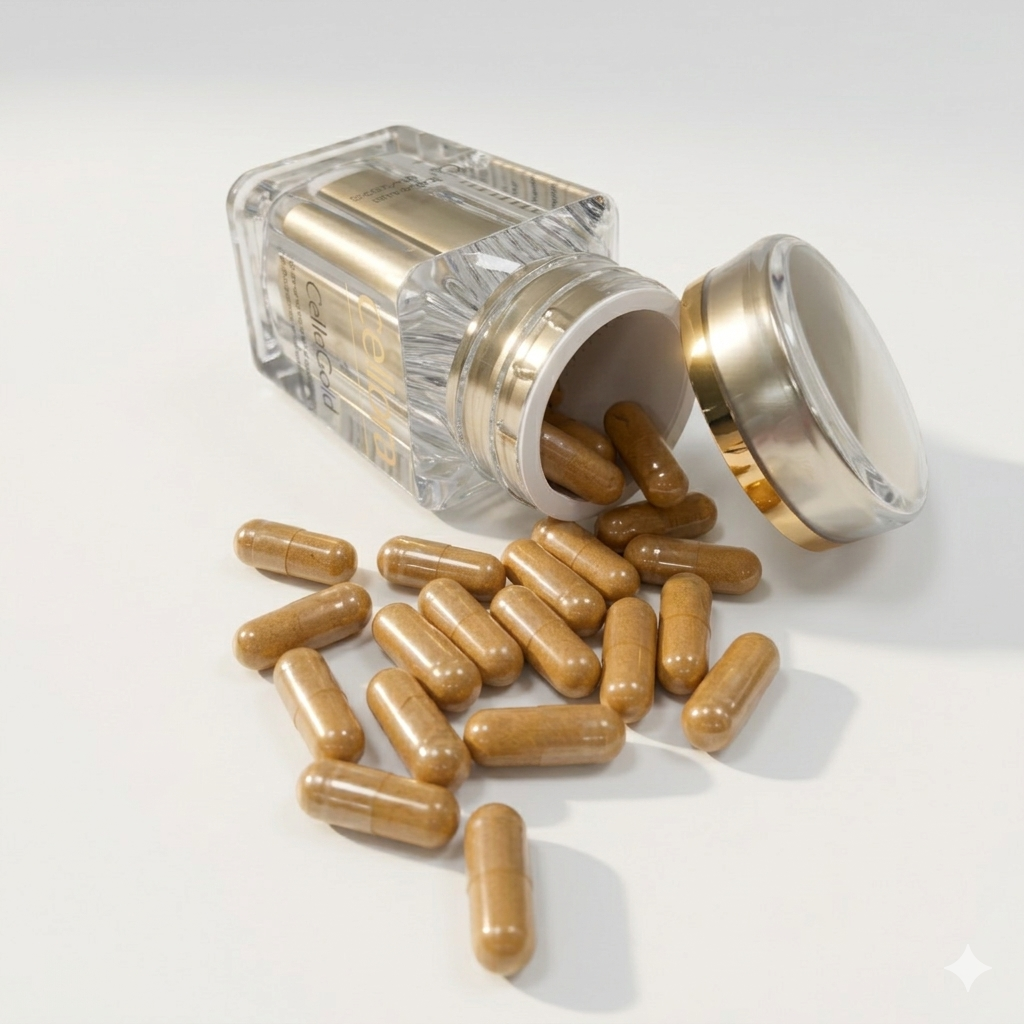 CelloGold capsules pouring from glass bottle