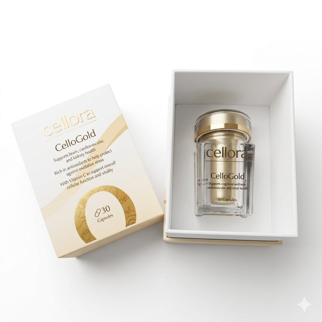 Cellora CelloGold boxed product and capsule bottle